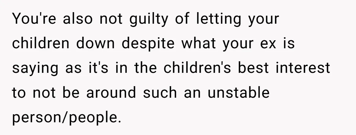 You're also not guilty of letting your children down despite what your ex is saying as it's in the children's best interest to not be around such an unstable person/people.
