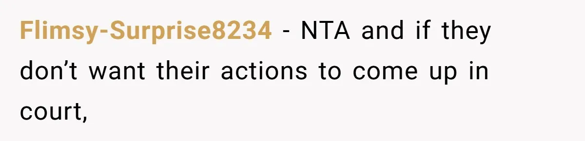 Flimsy-Surprise8234 − NTA and if they don’t want their actions to come up in court,