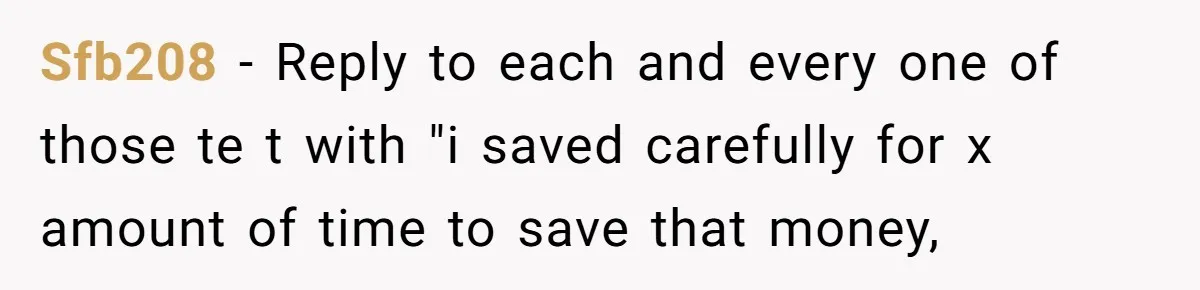 Sfb208 − Reply to each and every one of those te t with "i saved carefully for x amount of time to save that money,