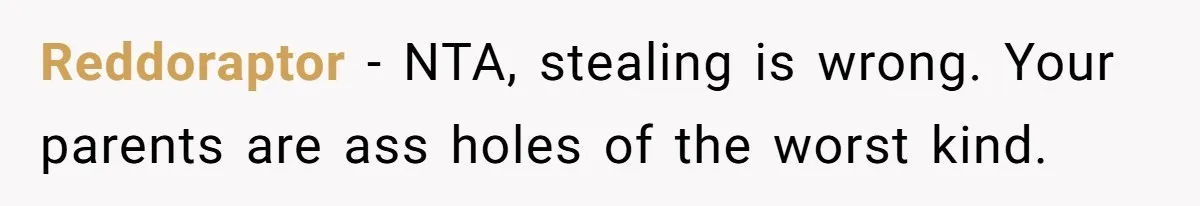 Reddoraptor − NTA, stealing is wrong. Your parents are ass holes of the worst kind.