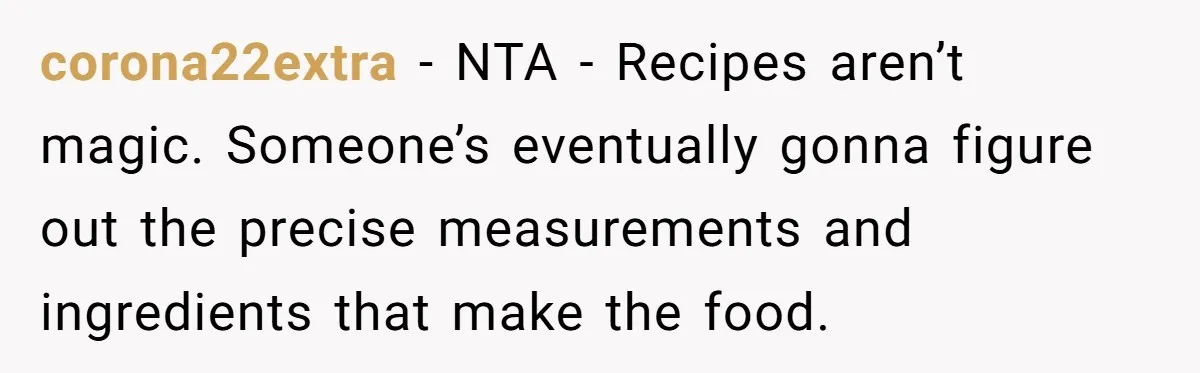 corona22extra − NTA - Recipes aren’t magic. Someone’s eventually gonna figure out the precise measurements and ingredients that make the food.