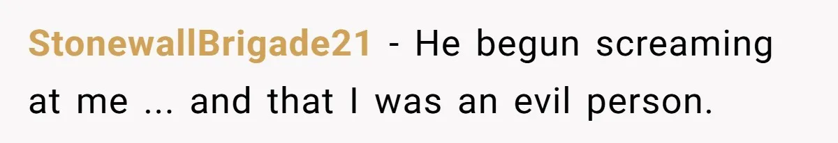 StonewallBrigade21 − He begun screaming at me ... and that I was an evil person.