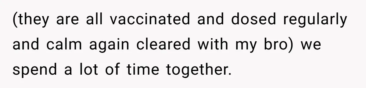 (they are all vaccinated and dosed regularly and calm again cleared with my bro) we spend a lot of time together.