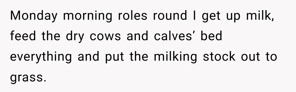 Monday morning roles round I get up milk, feed the dry cows and calves’ bed everything and put the milking stock out to grass.