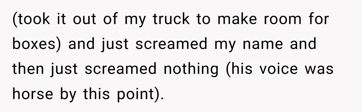 (took it out of my truck to make room for boxes) and just screamed my name and then just screamed nothing (his voice was horse by this point).