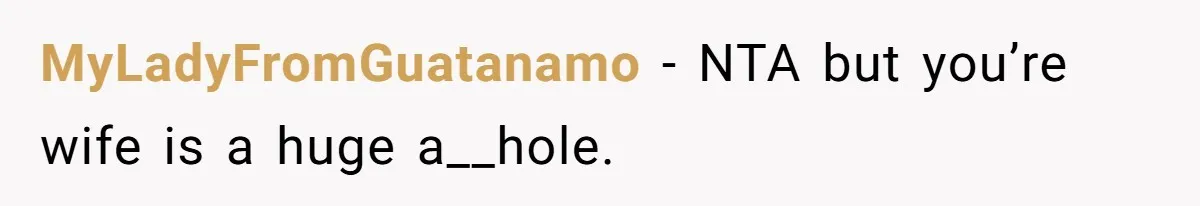 MyLadyFromGuatanamo − NTA but you’re wife is a huge a__hole.