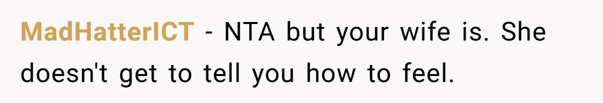 MadHatterICT − NTA but your wife is. She doesn't get to tell you how to feel.