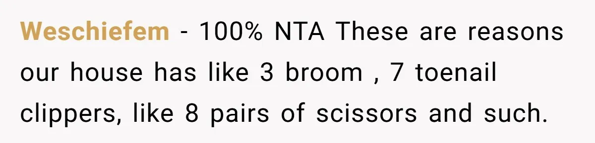 Weschiefem − 100% NTA These are reasons our house has like 3 broom , 7 toenail clippers, like 8 pairs of scissors and such.