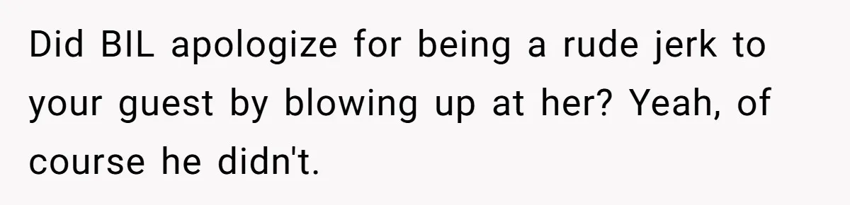 Did BIL apologize for being a rude jerk to your guest by blowing up at her? Yeah, of course he didn't.