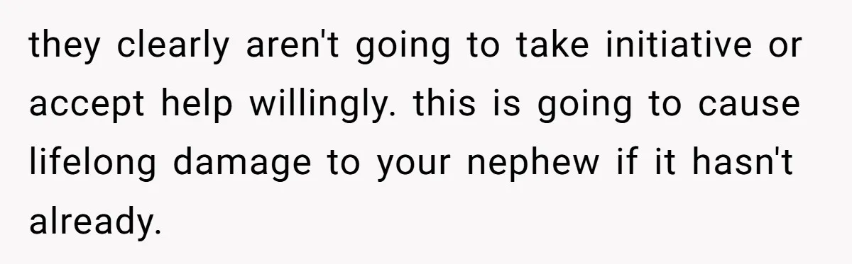 they clearly aren't going to take initiative or accept help willingly. this is going to cause lifelong damage to your nephew if it hasn't already.