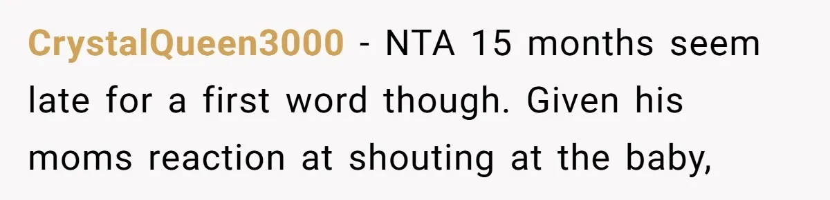 CrystalQueen3000 − NTA 15 months seem late for a first word though. Given his moms reaction at shouting at the baby,