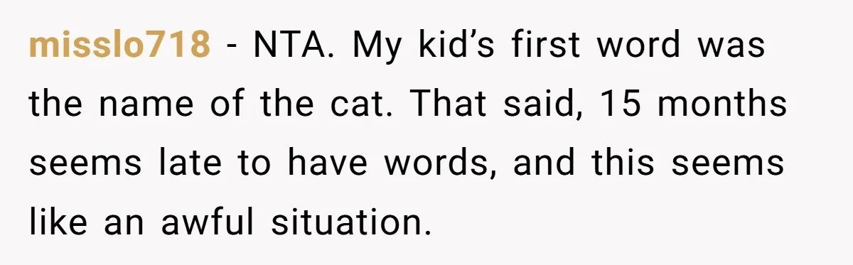 misslo718 − NTA. My kid’s first word was the name of the cat. That said, 15 months seems late to have words, and this seems like an awful situation.