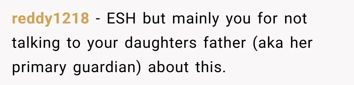 reddy1218 − ESH but mainly you for not talking to your daughters father (aka her primary guardian) about this.
