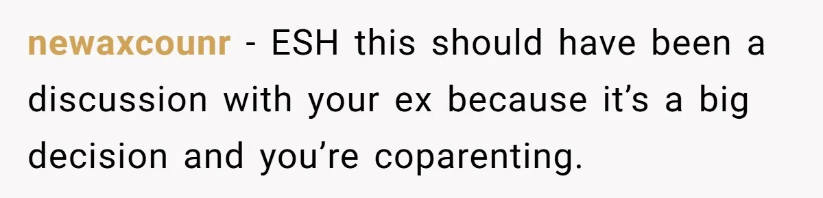 newaxcounr − ESH this should have been a discussion with your ex because it’s a big decision and you’re coparenting.