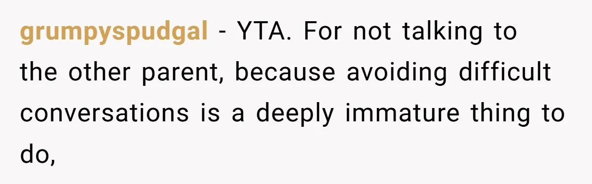 grumpyspudgal − YTA. For not talking to the other parent, because avoiding difficult conversations is a deeply immature thing to do,