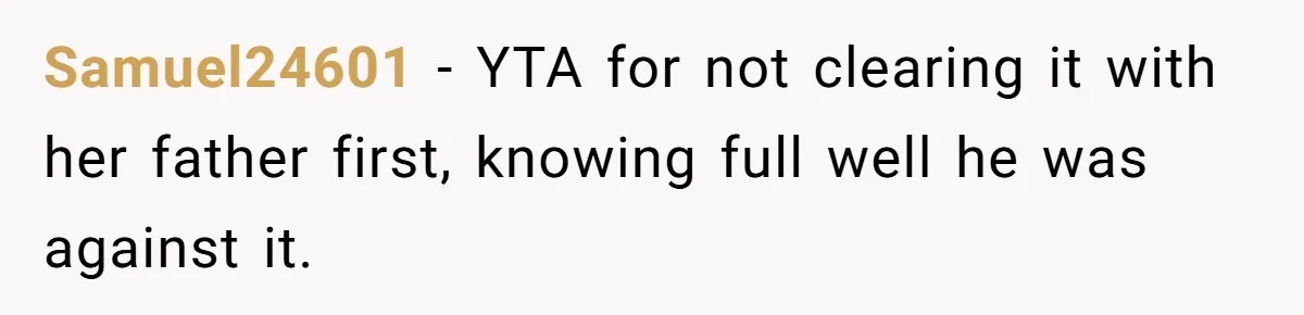 Samuel24601 − YTA for not clearing it with her father first, knowing full well he was against it.