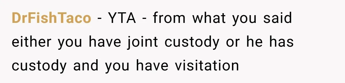 DrFishTaco − YTA - from what you said either you have joint custody or he has custody and you have visitation