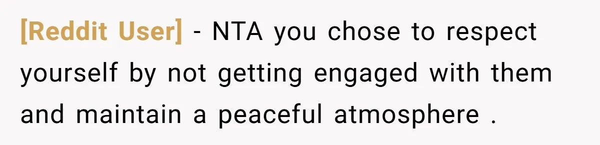 [Reddit User] − NTA you chose to respect yourself by not getting engaged with them and maintain a peaceful atmosphere .
