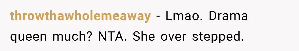 throwthawholemeaway − Lmao. Drama queen much? NTA. She over stepped.