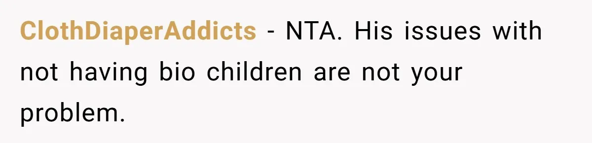 ClothDiaperAddicts − NTA. His issues with not having bio children are not your problem.