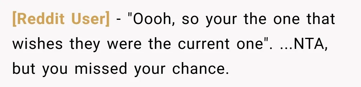 [Reddit User] − "Oooh, so your the one that wishes they were the current one". ...NTA, but you missed your chance.