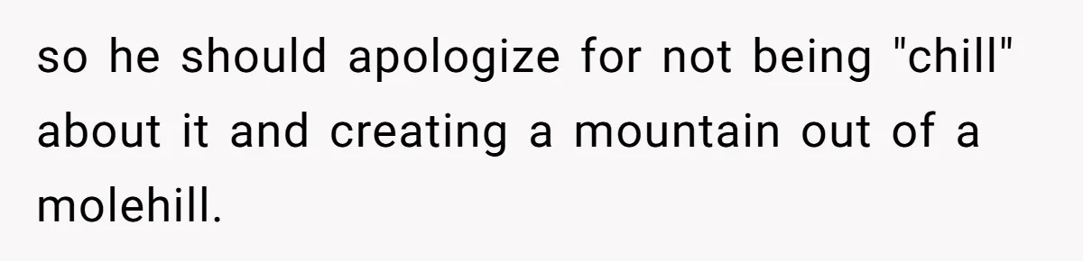 so he should apologize for not being "chill" about it and creating a mountain out of a molehill.