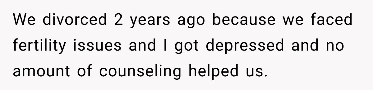 We divorced 2 years ago because we faced fertility issues and I got depressed and no amount of counseling helped us.