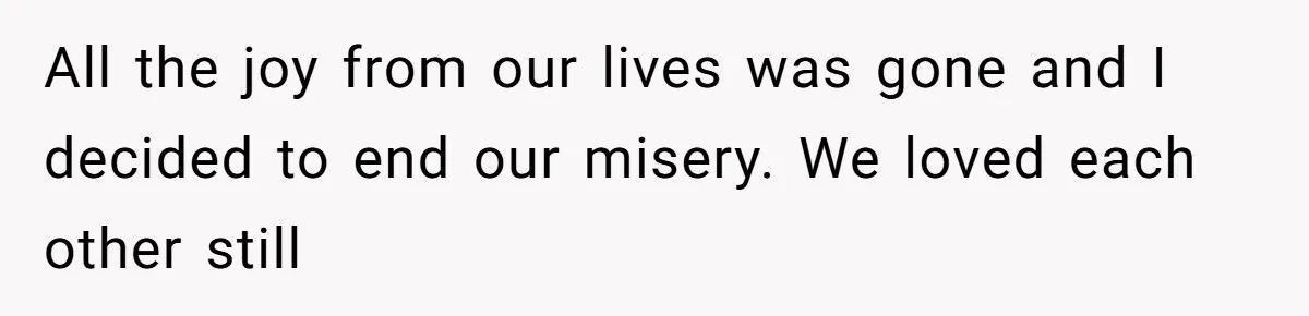 All the joy from our lives was gone and I decided to end our misery. We loved each other still