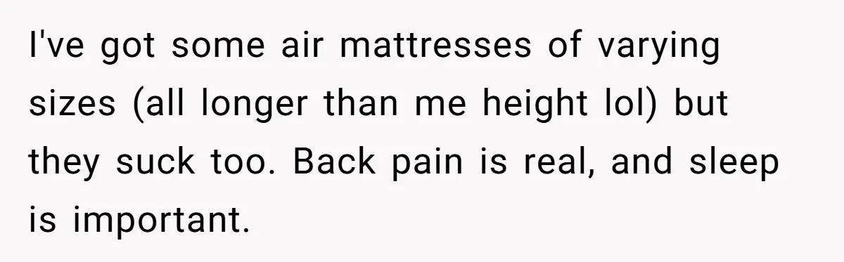 I've got some air mattresses of varying sizes (all longer than me height lol) but they suck too. Back pain is real, and sleep is important.
