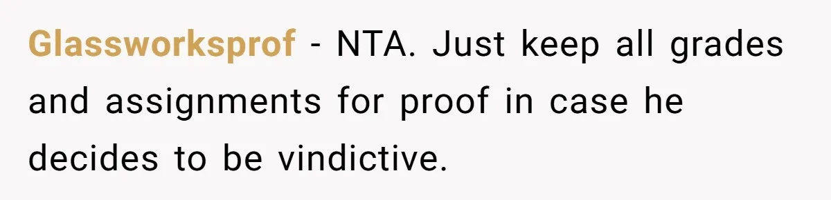 Glassworksprof − NTA. Just keep all grades and assignments for proof in case he decides to be vindictive.