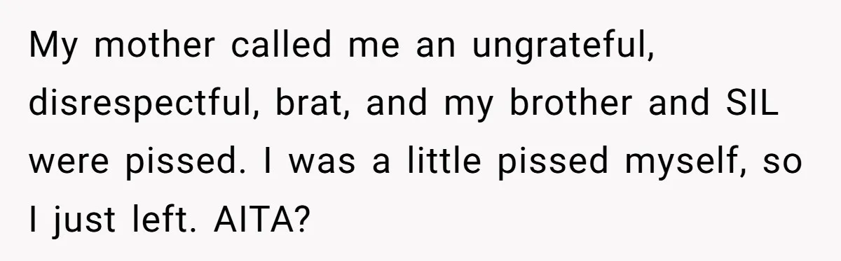 My mother called me an ungrateful, disrespectful, brat, and my brother and SIL were pissed. I was a little pissed myself, so I just left. AITA?