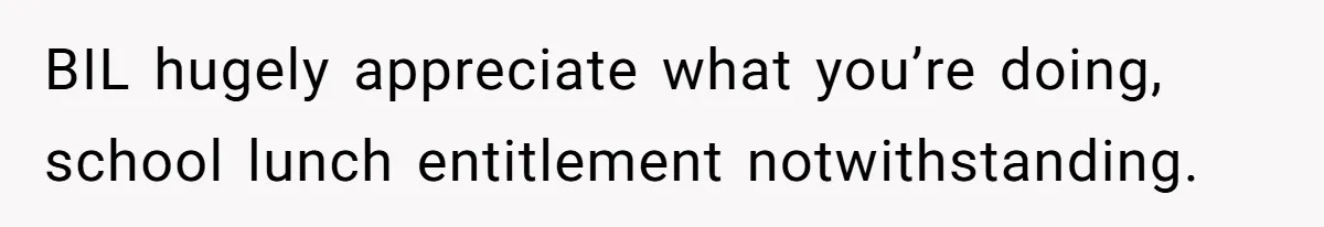 BIL hugely appreciate what you’re doing, school lunch entitlement notwithstanding.