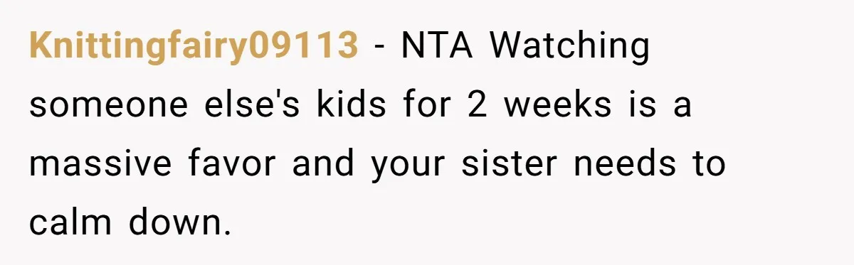 Knittingfairy09113 − NTA Watching someone else's kids for 2 weeks is a massive favor and your sister needs to calm down.