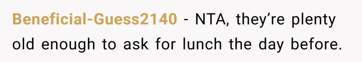 Beneficial-Guess2140 − NTA, they’re plenty old enough to ask for lunch the day before.