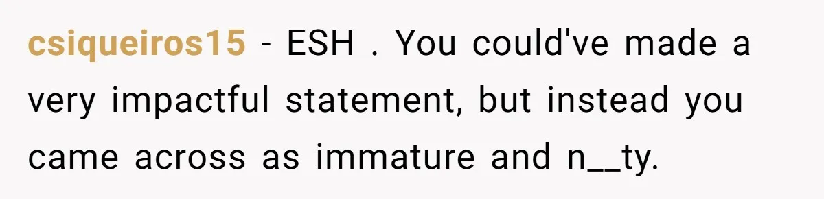 csiqueiros15 − ESH . You could've made a very impactful statement, but instead you came across as immature and n__ty.