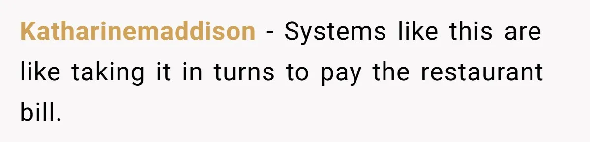 Katharinemaddison − Systems like this are like taking it in turns to pay the restaurant bill.