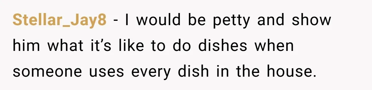Stellar_Jay8 − I would be petty and show him what it’s like to do dishes when someone uses every dish in the house.