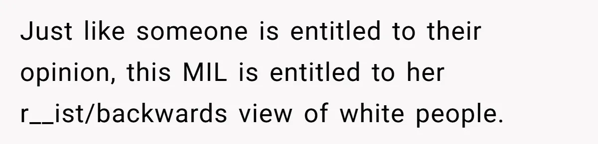 Just like someone is entitled to their opinion, this MIL is entitled to her r__ist/backwards view of white people.