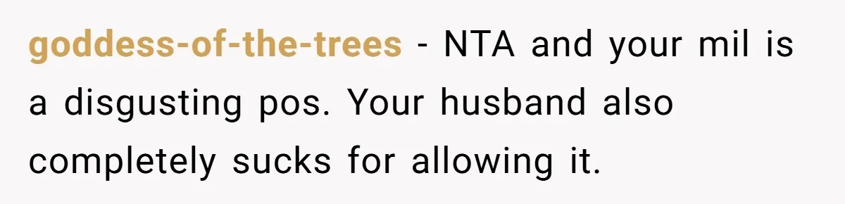 goddess-of-the-trees − NTA and your mil is a disgusting pos. Your husband also completely sucks for allowing it.