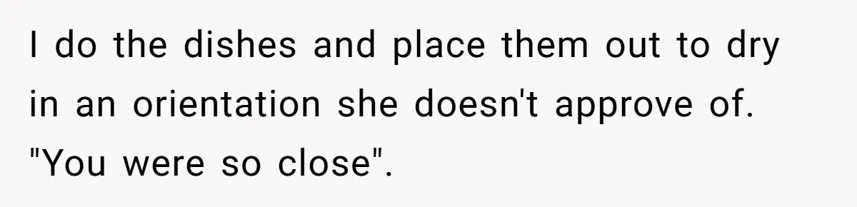 I do the dishes and place them out to dry in an orientation she doesn't approve of. "You were so close".