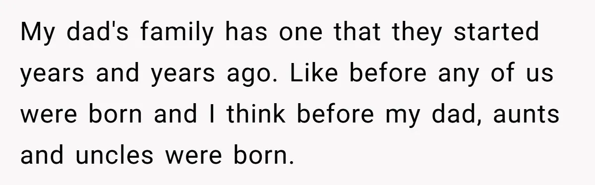 My dad's family has one that they started years and years ago. Like before any of us were born and I think before my dad, aunts and uncles were born.