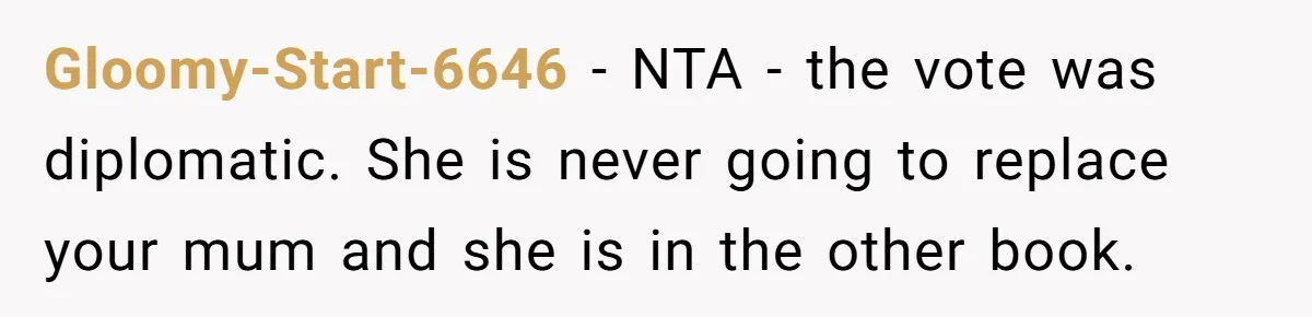 Gloomy-Start-6646 − NTA - the vote was diplomatic. She is never going to replace your mum and she is in the other book.