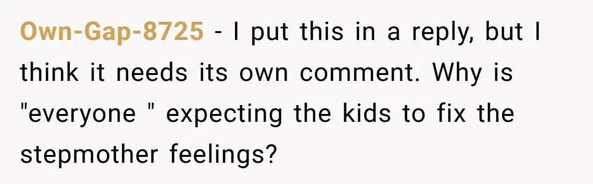 Own-Gap-8725 − I put this in a reply, but I think it needs its own comment. Why is "everyone " expecting the kids to fix the stepmother feelings?