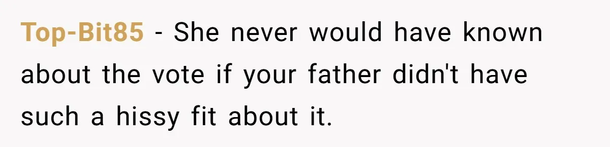 Top-Bit85 − She never would have known about the vote if your father didn't have such a hissy fit about it.