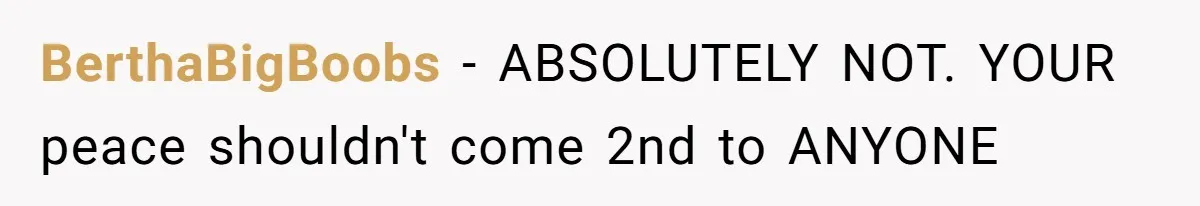 BerthaBigBoobs − ABSOLUTELY NOT. YOUR peace shouldn't come 2nd to ANYONE