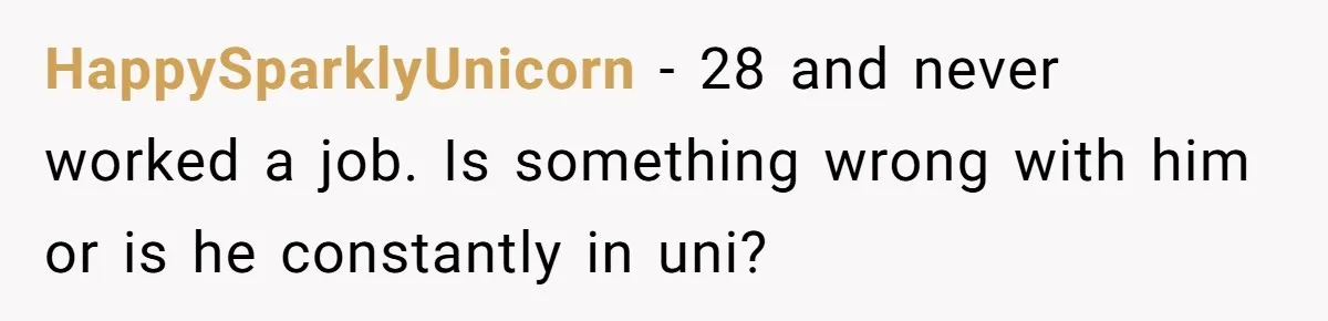 HappySparklyUnicorn − 28 and never worked a job. Is something wrong with him or is he constantly in uni?