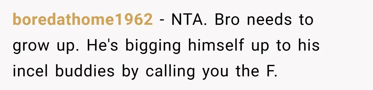 boredathome1962 − NTA. Bro needs to grow up. He's bigging himself up to his incel buddies by calling you the F.