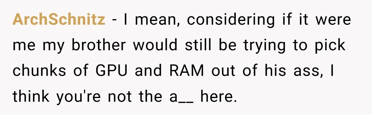 ArchSchnitz − I mean, considering if it were me my brother would still be trying to pick chunks of GPU and RAM out of his ass, I think you're not...