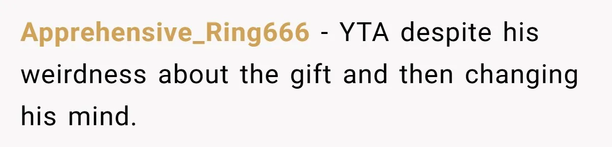 Apprehensive_Ring666 − YTA despite his weirdness about the gift and then changing his mind.
