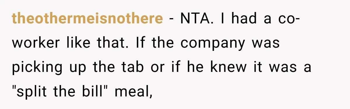 theothermeisnothere − NTA. I had a co-worker like that. If the company was picking up the tab or if he knew it was a "split the bill" meal,